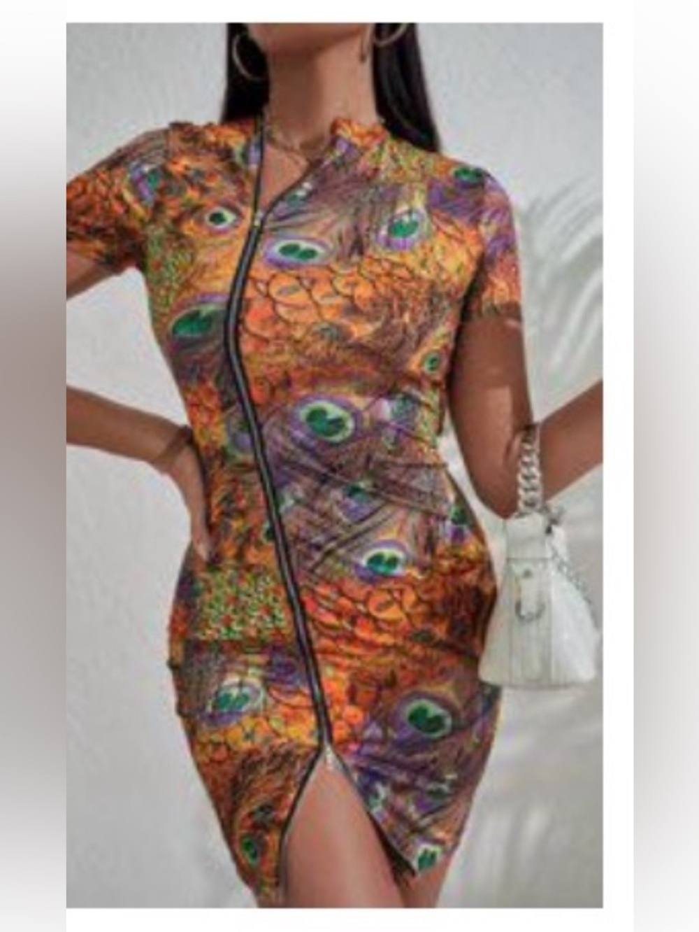 SHEIN Orange Peacock-Print Zip Front Bodycon Mini Dress